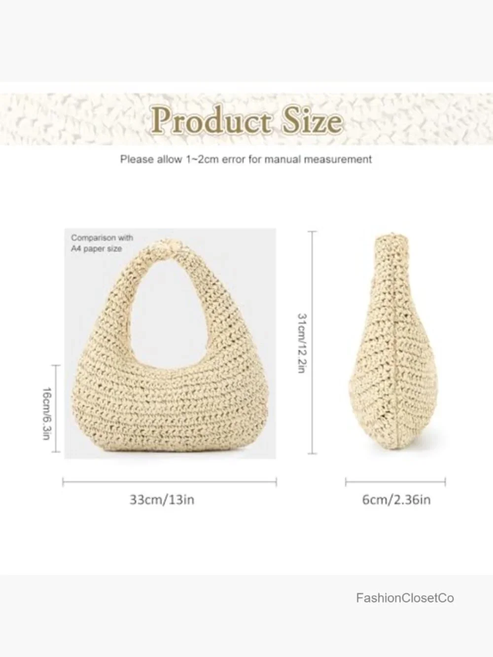 Handwoven Straw Crescent Hobo Tote Beach Summer Bag